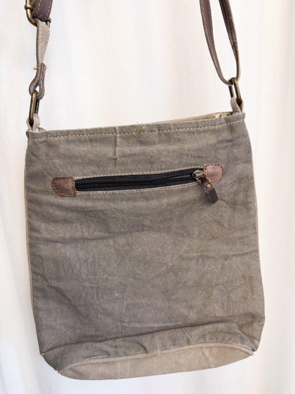 Mona B “Identified” Upcycled Canvas Crossbody Bag Vegan Leather Distressed - Picture 4 of 10